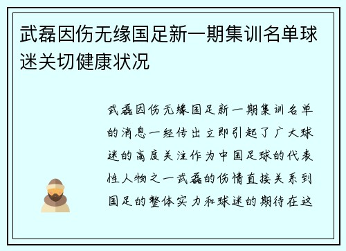 武磊因伤无缘国足新一期集训名单球迷关切健康状况