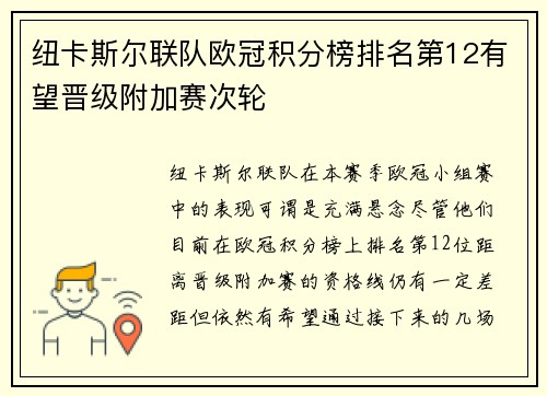 纽卡斯尔联队欧冠积分榜排名第12有望晋级附加赛次轮