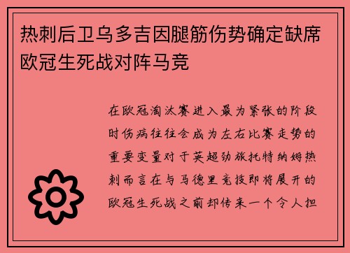热刺后卫乌多吉因腿筋伤势确定缺席欧冠生死战对阵马竞